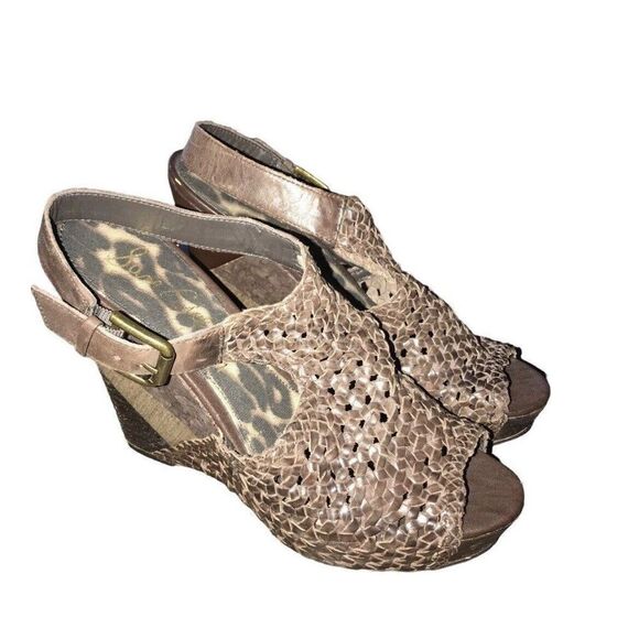 SAM EDELMAN Kasi Brown Woven Leather Wedge Platform Sandals Womens Sz‎ 8.5 M - Picture 1 of 7